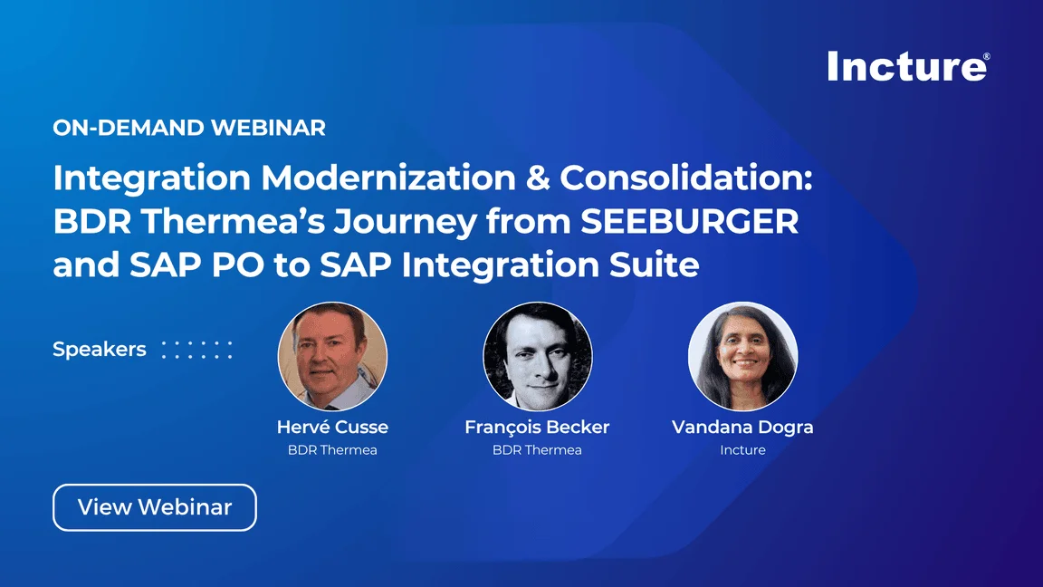 Blue gradient on-demand webinar banner with the title 'Integration Modernization & Consolidation: BDR Thermea’s Journey from SEEBURGER and SAP PO to SAP Integration Suite' and three speaker headshots, plus a 'View Webinar' button.